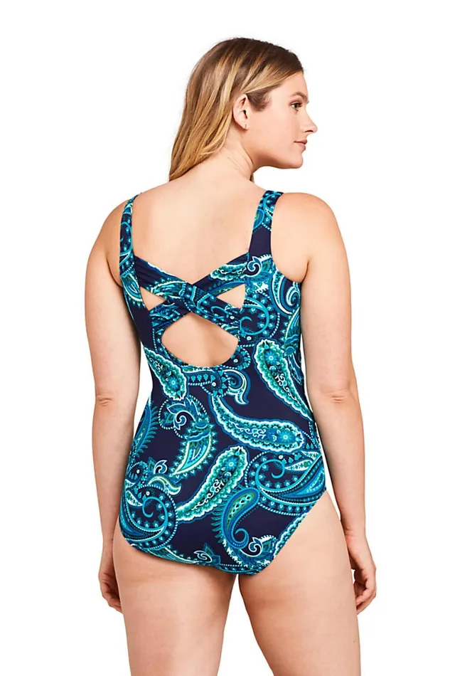 Lands039 End Swimsuits Women Long Slender Carmela Tummy Control Chlorine Resistant One Piece Swimsuit Print Deep Sea Floral Paisley