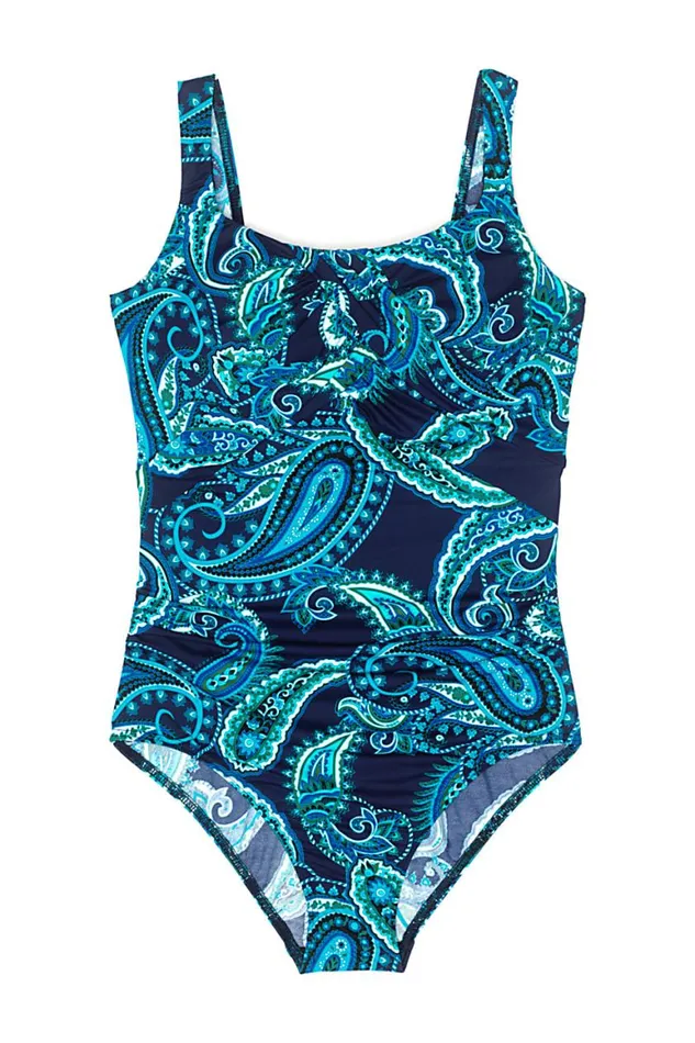 Lands039 End Swimsuits Women Long Slender Carmela Tummy Control Chlorine Resistant One Piece Swimsuit Print Deep Sea Floral Paisley