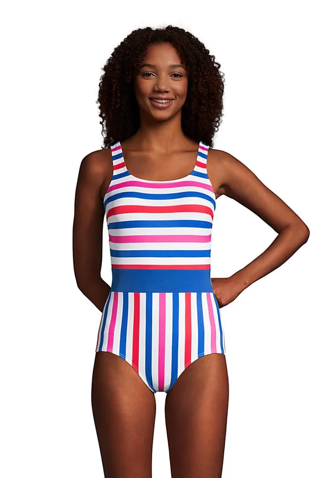 Lands039 End Swimsuits Women Petite Chlorine Resistant Scoop Neck Soft Cup Tugless Sporty One Piece Swimsuit Print Multi Stripe Lands039 End Swimsuits Women Petite Chlorine Resistant Scoop Neck Soft Cup Tugless Sporty One Piece Swimsuit Print Multi Stripe