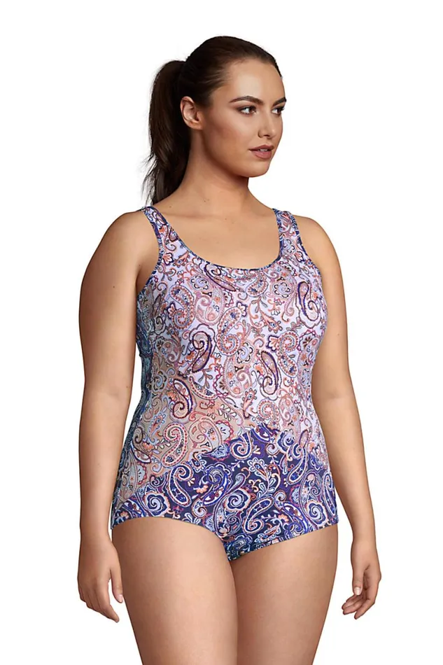 Lands039 End Swimsuits Women Plus Size Chlorine Resistant Scoop Neck Soft Cup Tugless Sporty One Piece Swimsuit Print Deep Sea Navy Paisley Mix
