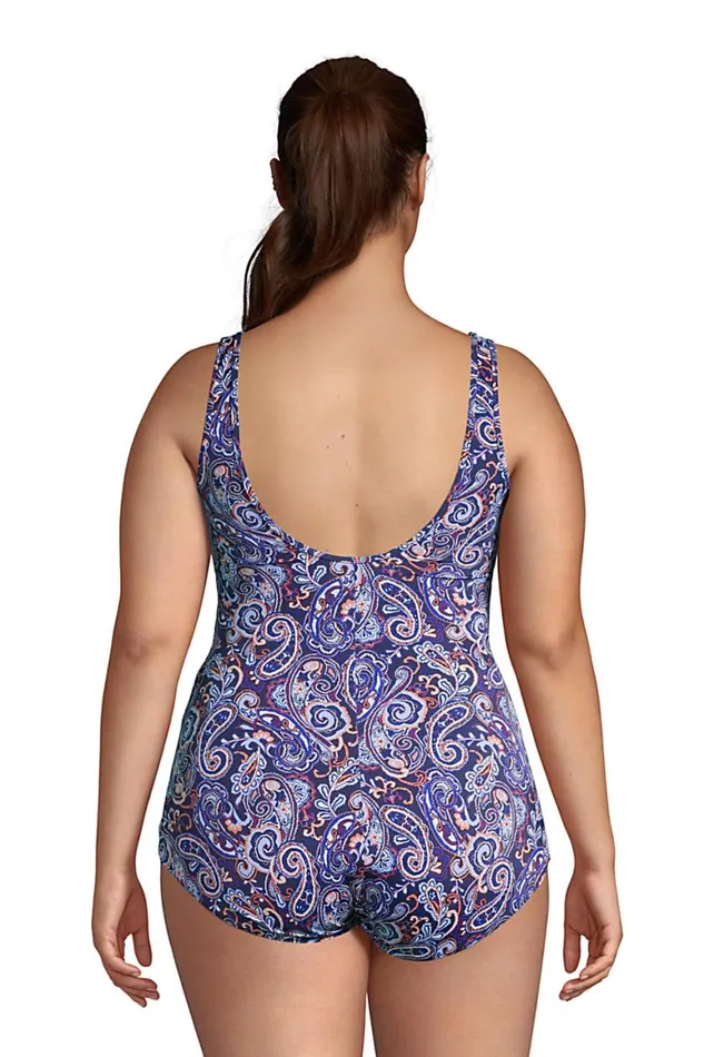 Lands039 End Swimsuits Women Plus Size Chlorine Resistant Scoop Neck Soft Cup Tugless Sporty One Piece Swimsuit Print Deep Sea Navy Paisley Mix