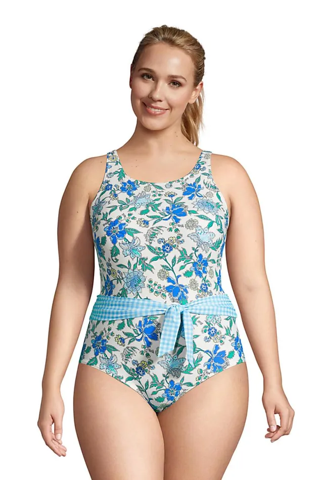 Lands039 End Swimsuits Women Plus Size Chlorine Resistant Tummy Control High Neck Belted One Piece Swimsuit Lotus Floral Lands039 End Swimsuits Women Plus Size Chlorine Resistant Tummy Control High Neck Belted One Piece Swimsuit Lotus Floral