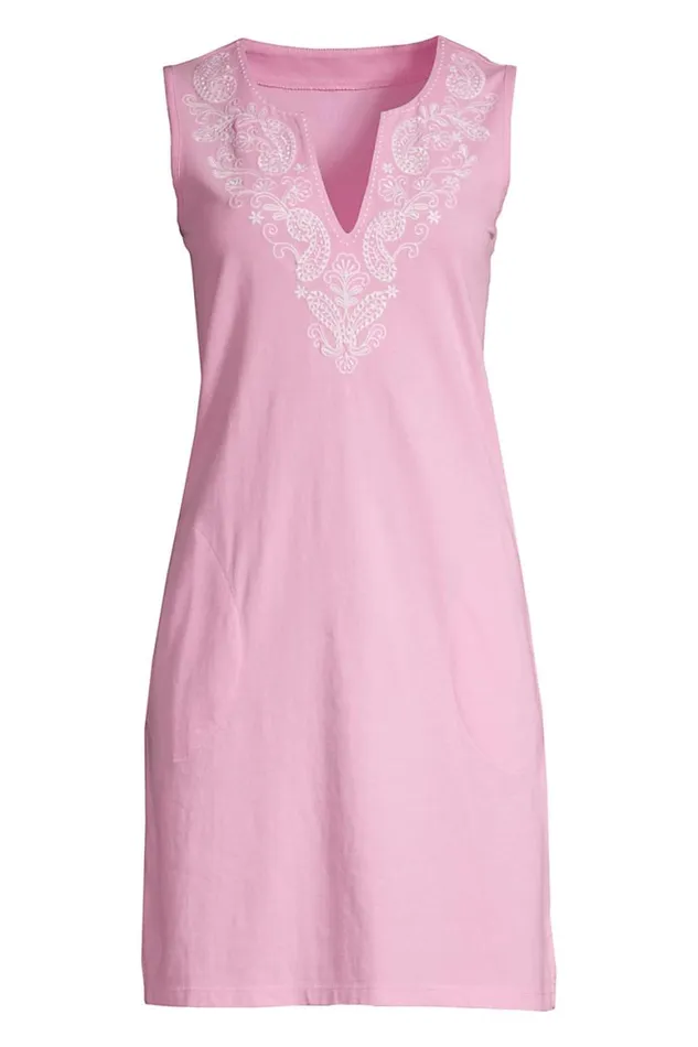 Lands039 End Swimsuits Women Plus Size Cotton Jersey Embroidered Sleeveless Swim Coverup Dress Wild Blossom