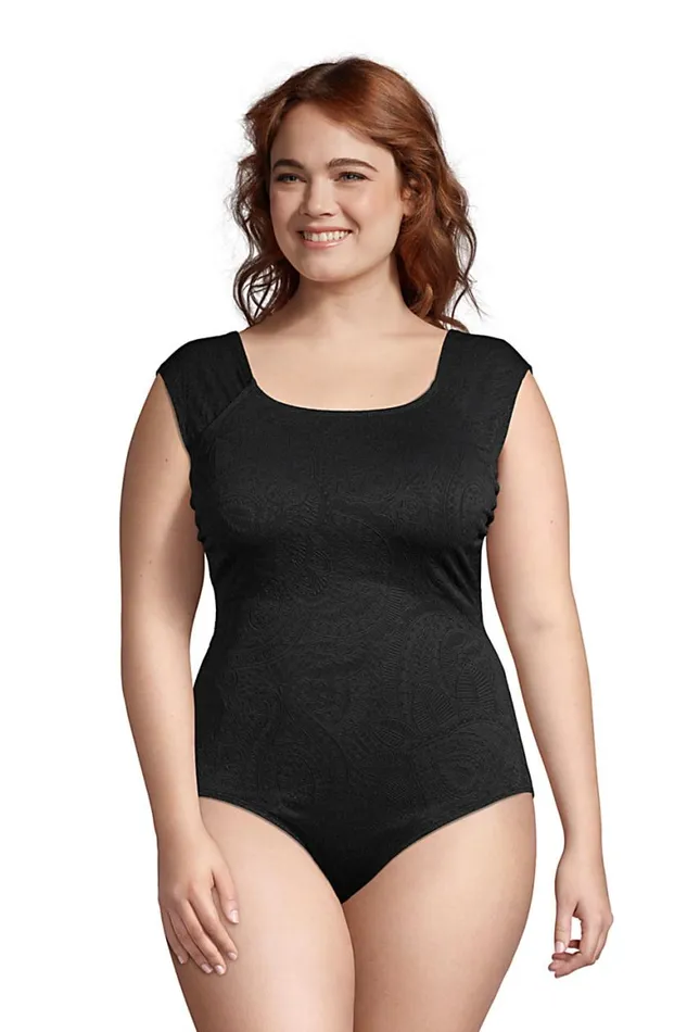 Lands039 End Swimsuits Women Plus Size Paisley Texture Chlorine Resistant Tummy Control Cap Sleeve Xback One Piece Black Lands039 End Swimsuits Women Plus Size Paisley Texture Chlorine Resistant Tummy Control Cap Sleeve Xback One Piece Black