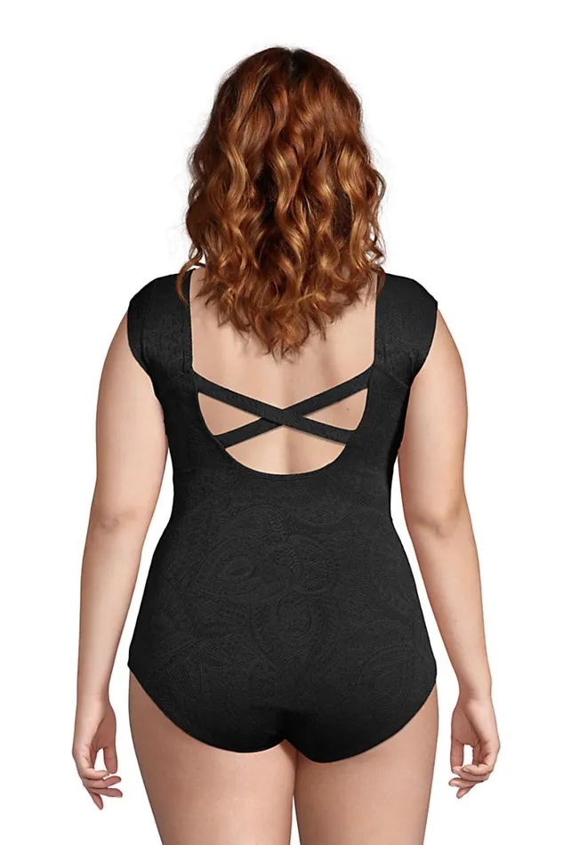 Lands039 End Swimsuits Women Plus Size Paisley Texture Chlorine Resistant Tummy Control Cap Sleeve Xback One Piece Black