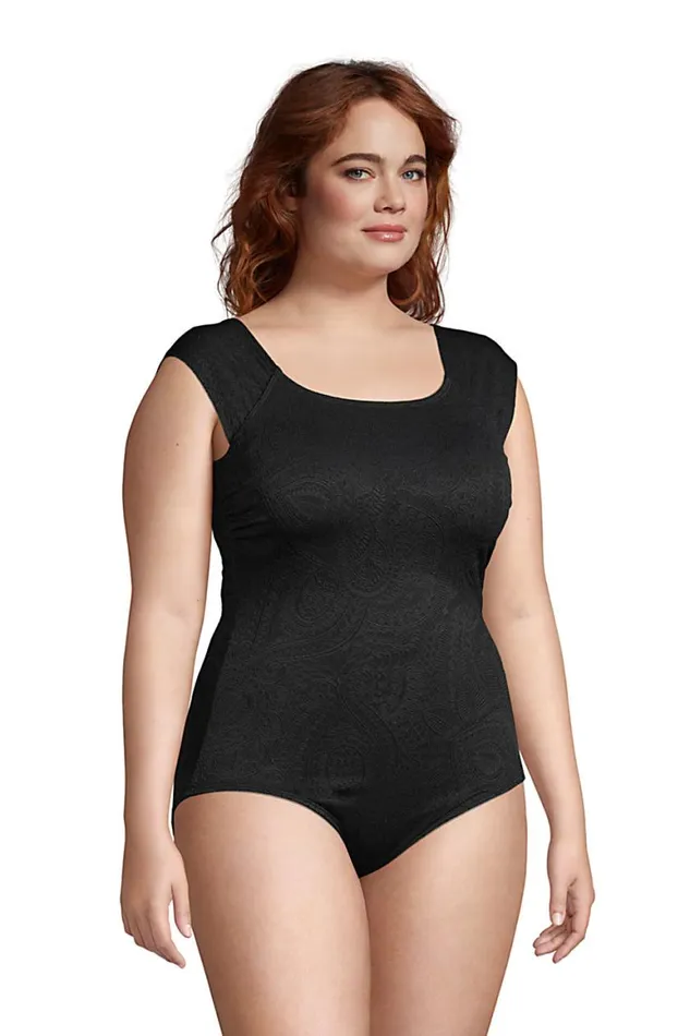 Lands039 End Swimsuits Women Plus Size Paisley Texture Chlorine Resistant Tummy Control Cap Sleeve Xback One Piece Black