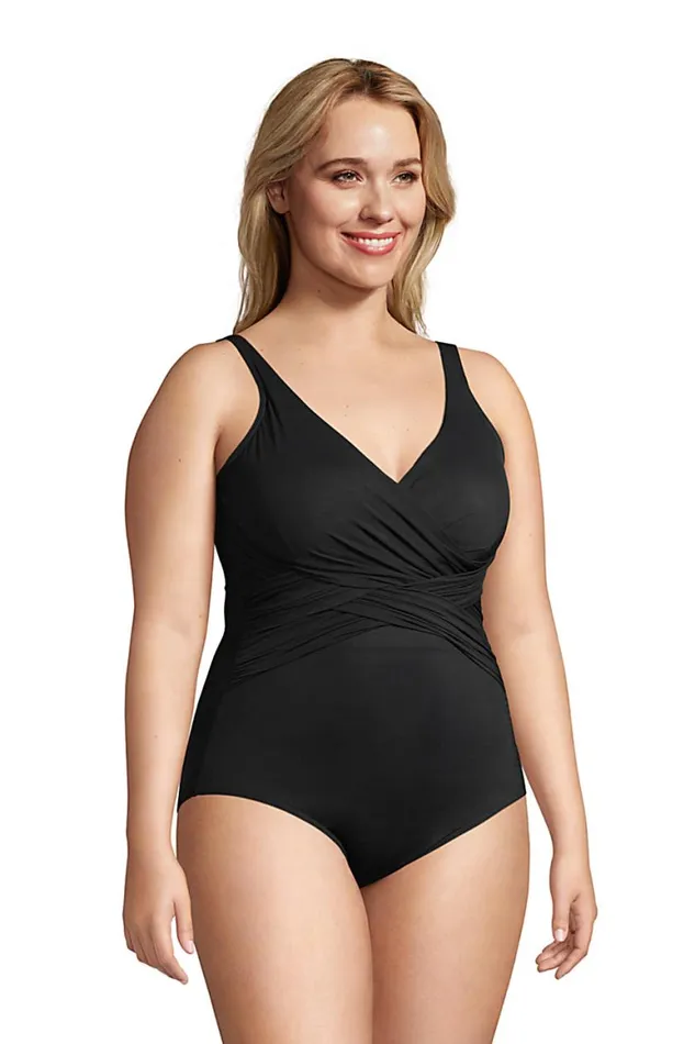 Lands039 End Swimsuits Women Plus Size Slender Tummy Control Chlorine Resistant Vneck Wrap One Piece Swimsuit Black