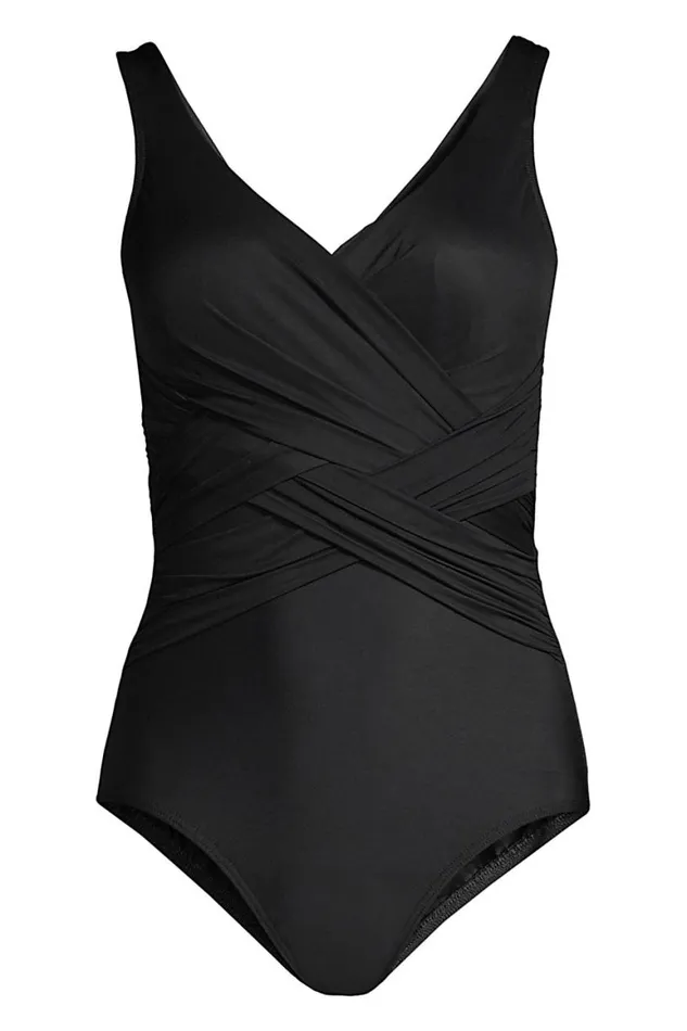 Lands039 End Swimsuits Women Plus Size Slender Tummy Control Chlorine Resistant Vneck Wrap One Piece Swimsuit Black