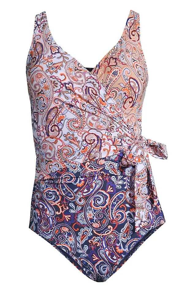Lands039 End Swimsuits Women Plus Size Slender Tummy Control Vneck Wrap One Piece Swimsuit Deep Sea Navy Paisley Mix Lands039 End Swimsuits Women Plus Size Slender Tummy Control Vneck Wrap One Piece Swimsuit Deep Sea Navy Paisley Mix