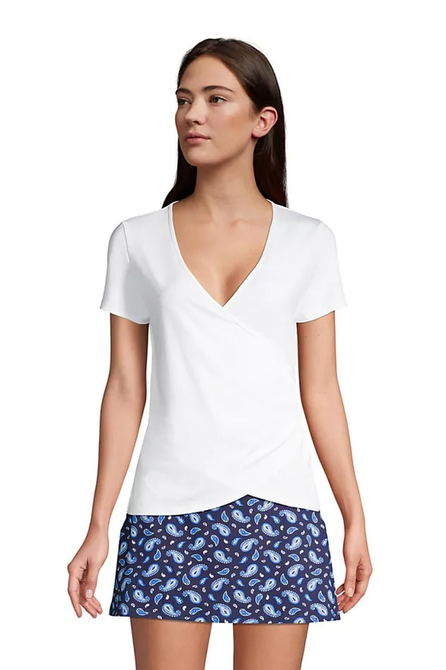 Lands039 End Swimsuits Women Upf 50 Sun Protection Vneck Surplice Wrap Swim Tee Rash Guard White