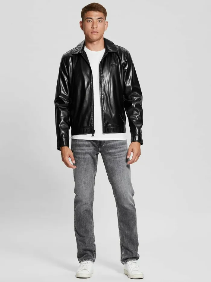 Men District FauxLeather Zip Jacket Jet Black Multi Jackets and Coats GUESS