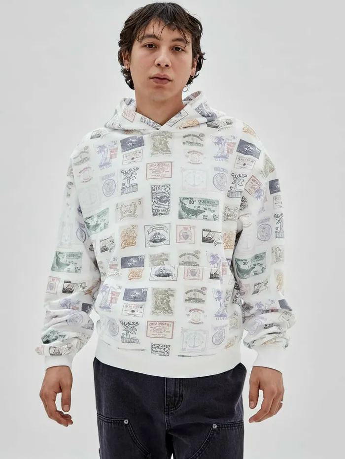 Men GUESS Originals Eco Stamp Hoodie White Peaks Multi Hoodies and Sweaters GUESS Men GUESS Originals Eco Stamp Hoodie White Peaks Multi Hoodies and Sweaters GUESS