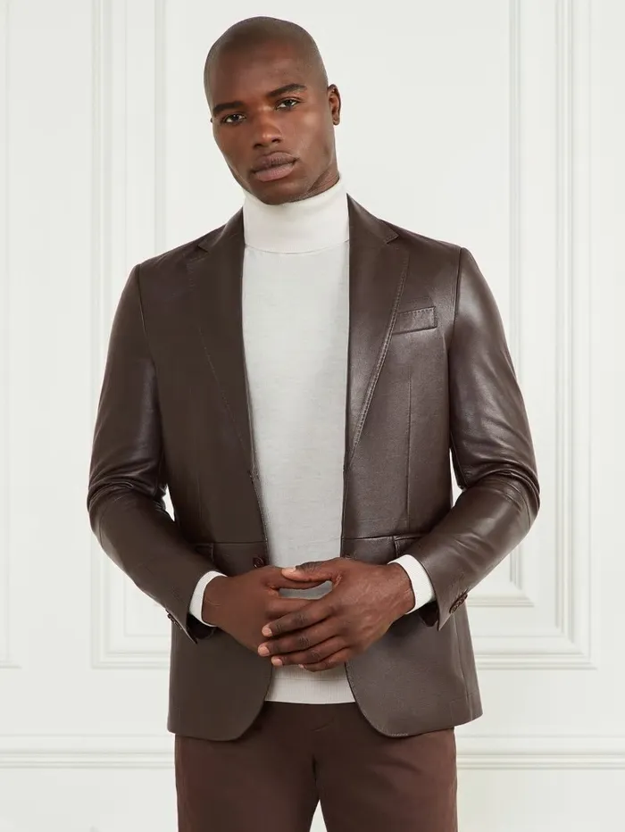 Men GUESS Steve Notched Leather Blazer Chocolate Brownie Jackets and Coats
