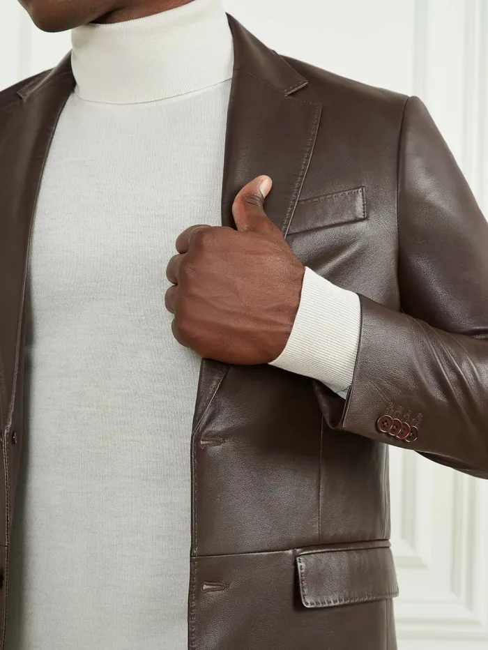 Men GUESS Steve Notched Leather Blazer Chocolate Brownie Jackets and Coats Men GUESS Steve Notched Leather Blazer Chocolate Brownie Jackets and Coats