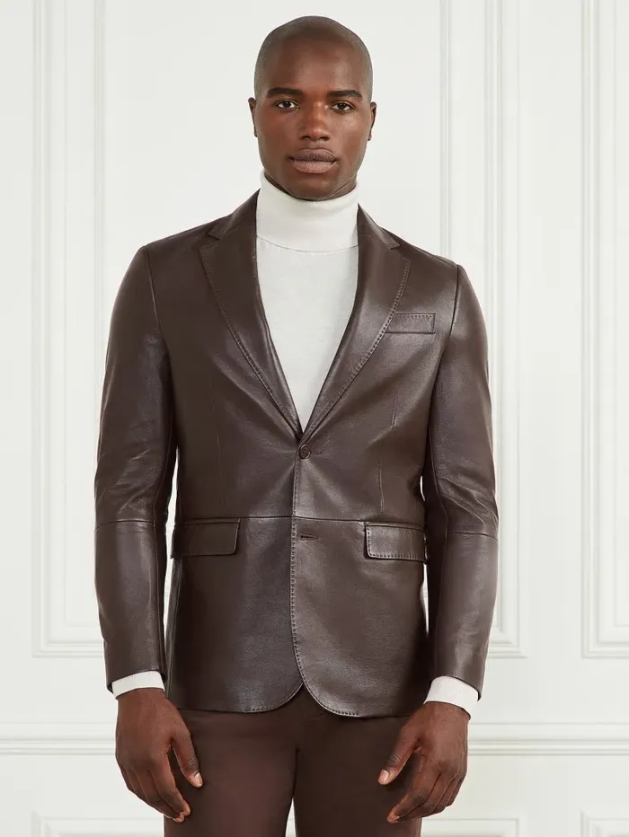Men GUESS Steve Notched Leather Blazer Chocolate Brownie Jackets and Coats Men GUESS Steve Notched Leather Blazer Chocolate Brownie Jackets and Coats