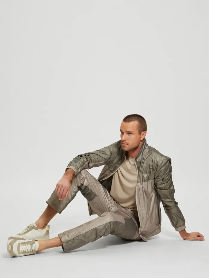 Men GUESS Wilfred FullZip Track Jacket Pasadena With Green Block Activewear Men GUESS Wilfred FullZip Track Jacket Pasadena With Green Block Activewear