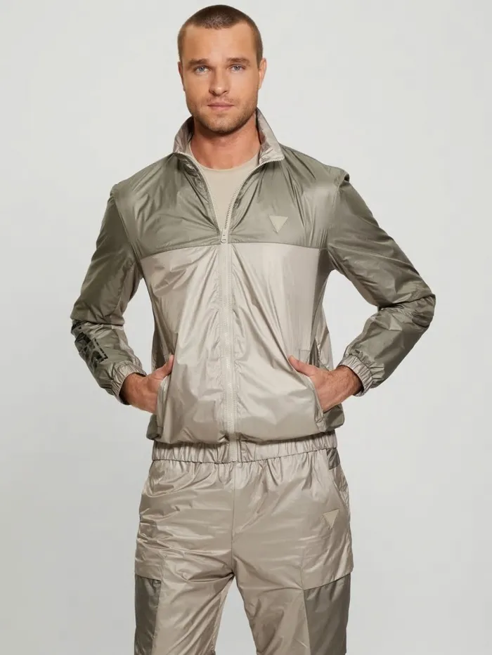 Men GUESS Wilfred FullZip Track Jacket Pasadena With Green Block Activewear Men GUESS Wilfred FullZip Track Jacket Pasadena With Green Block Activewear