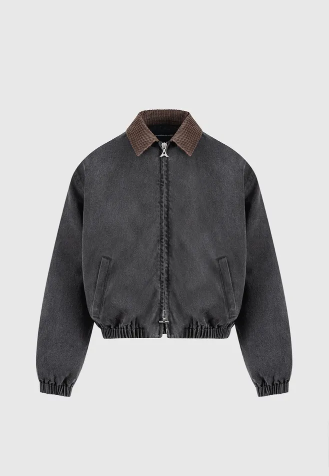 Men Manire De Voir Denim Padded Cropped Bomber Jacket Washed Grey