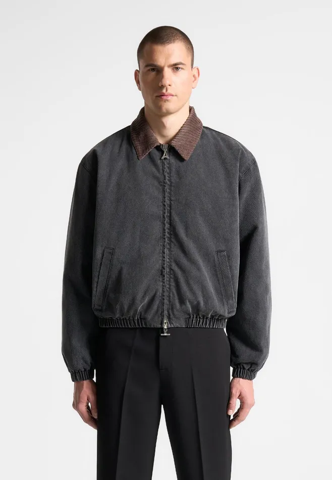 Men Manire De Voir Denim Padded Cropped Bomber Jacket Washed Grey