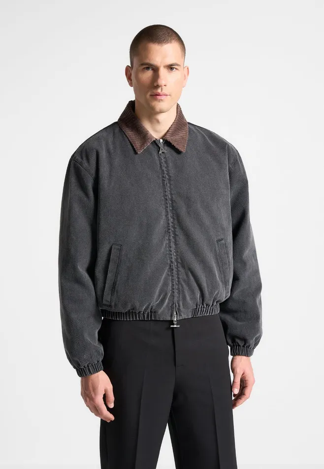 Men Manire De Voir Denim Padded Cropped Bomber Jacket Washed Grey