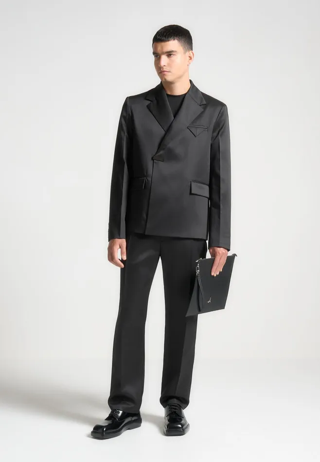 Men Manire De Voir Double Breasted Satin Suit Jacket Black