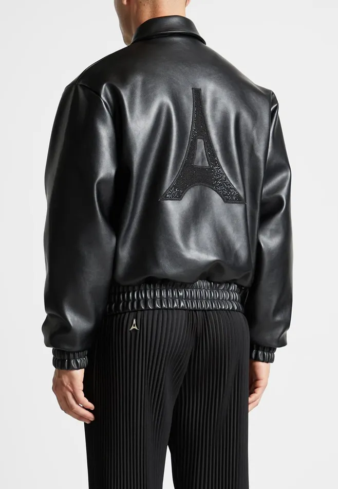 Men Manire De Voir Eiffel Rhinestone Varsity Jacket Black