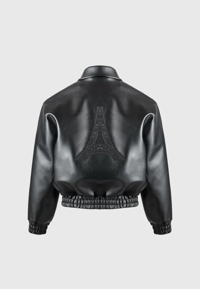 Men Manire De Voir Eiffel Rhinestone Varsity Jacket Black