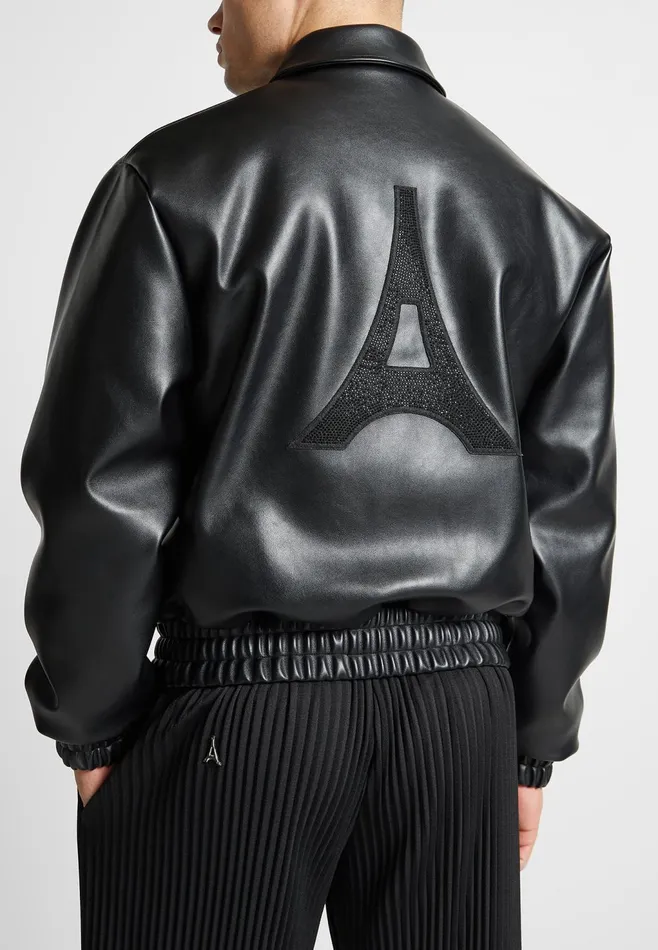 Men Manire De Voir Eiffel Rhinestone Varsity Jacket Black