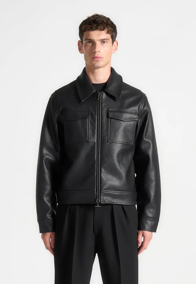 Men Manire De Voir Grained Leather Jacket Black