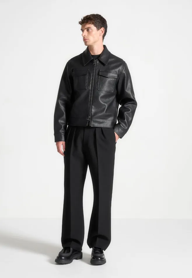 Men Manire De Voir Grained Leather Jacket Black