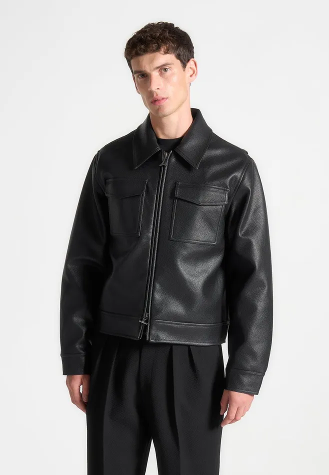 Men Manire De Voir Grained Leather Jacket Black