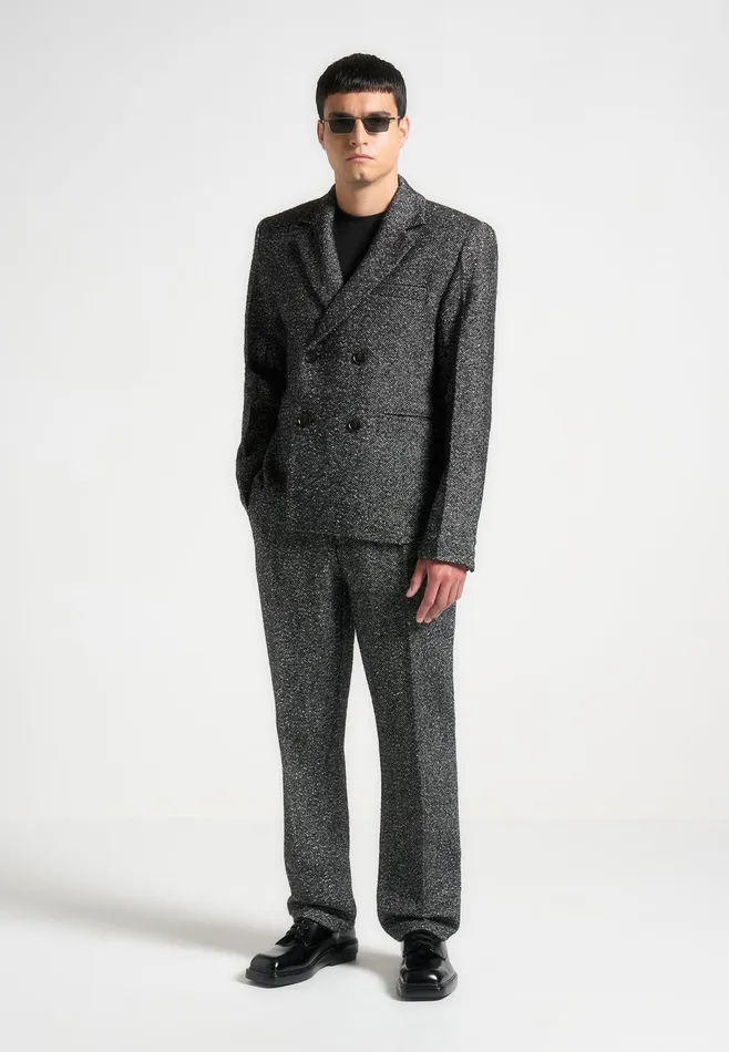 Men Manire De Voir Regular Fit Herringbone Wool Blend Tailored Trousers Black