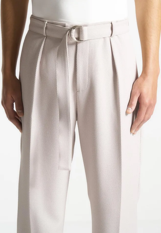 Men Manire De Voir Relaxed Fit Textured Belted Tailored Trousers Stone