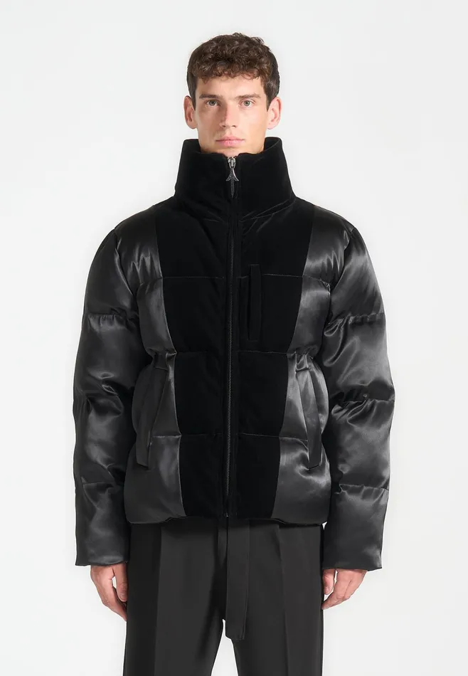 Men Manire De Voir Satin And Velvet Panelled Puffer Jacket Black
