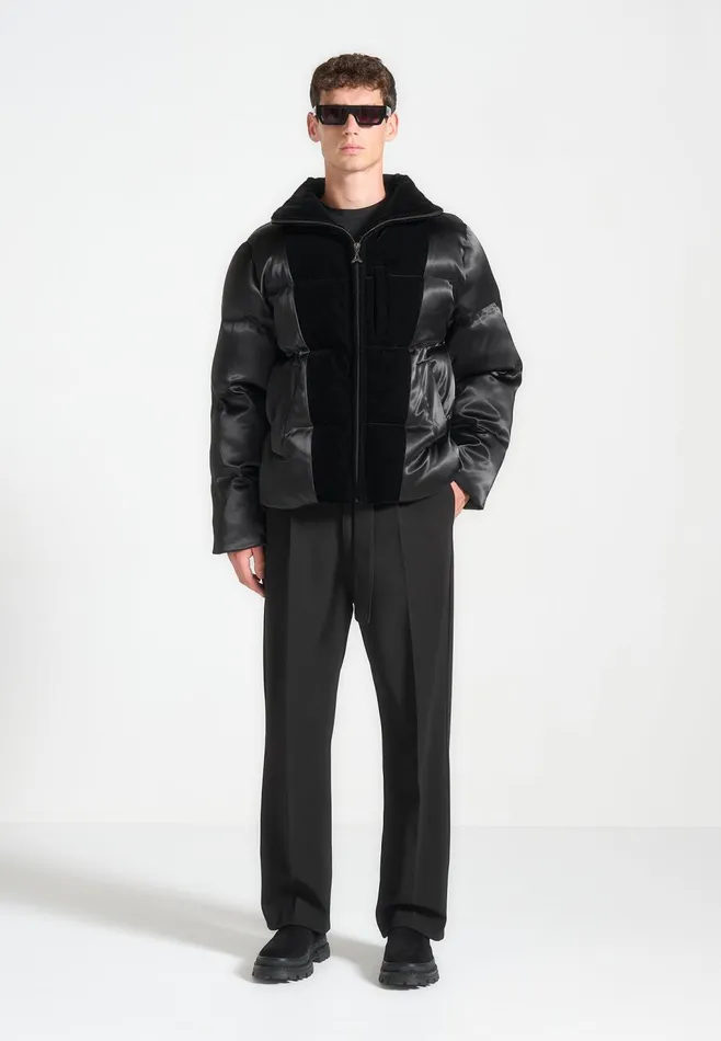 Men Manire De Voir Satin And Velvet Panelled Puffer Jacket Black