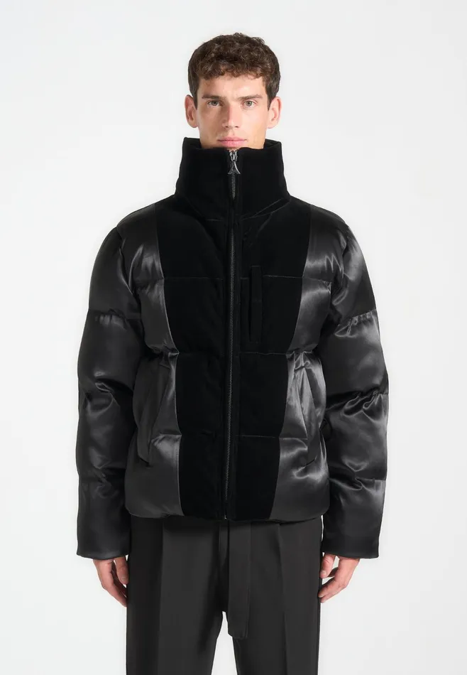 Men Manire De Voir Satin And Velvet Panelled Puffer Jacket Black