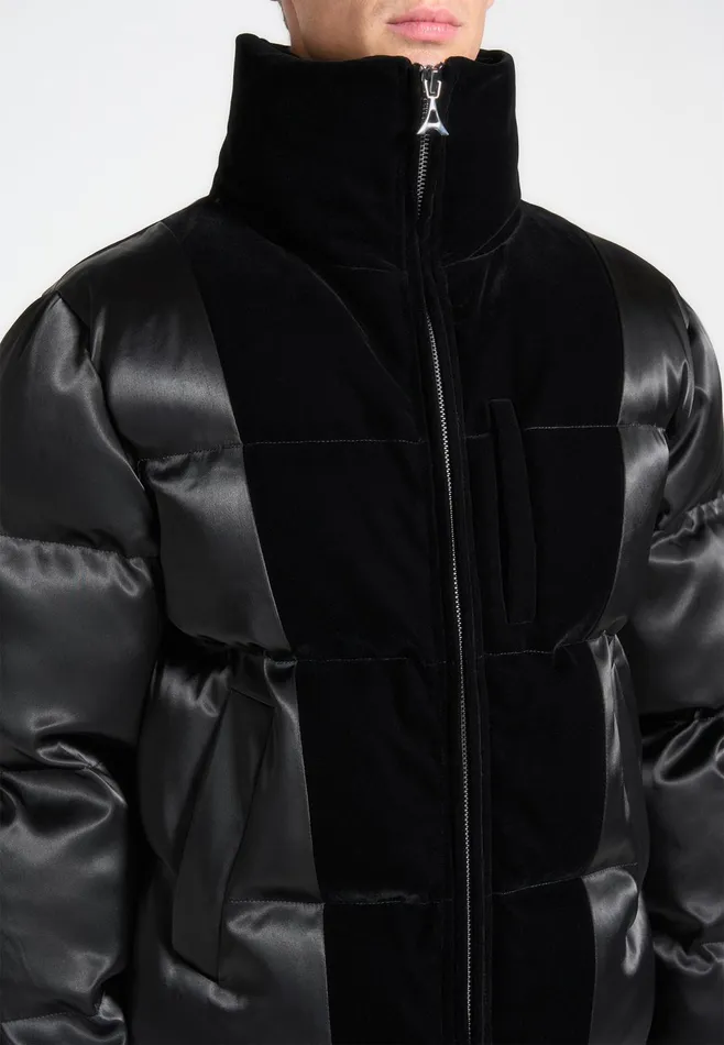 Men Manire De Voir Satin And Velvet Panelled Puffer Jacket Black
