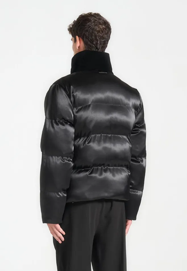 Men Manire De Voir Satin And Velvet Panelled Puffer Jacket Black