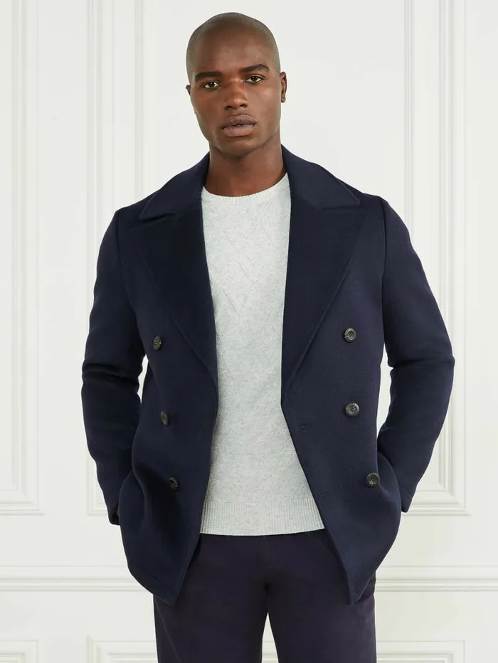 Men Notched WoolBlend Peacoat Bleu lgant Jackets and Coats GUESS