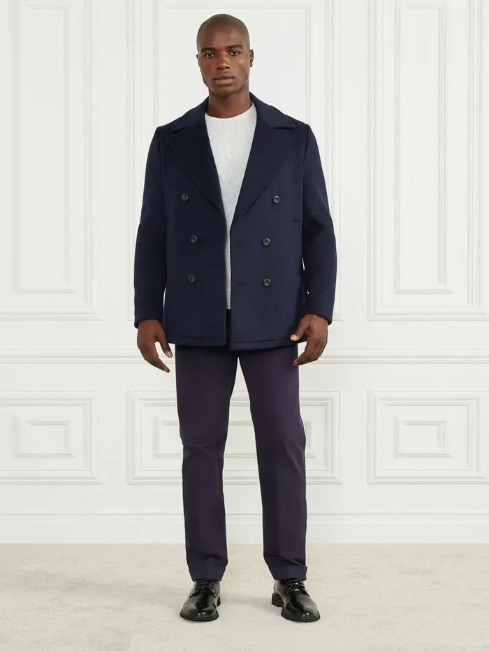 Men Notched WoolBlend Peacoat Bleu lgant Jackets and Coats GUESS