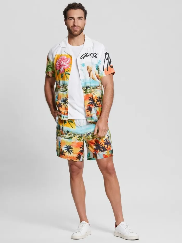 Men Watercolor Sandwashed Woven Shorts Still Life Pants and Shorts GUESS