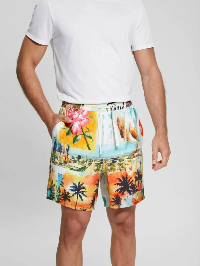 Men Watercolor Sandwashed Woven Shorts Still Life Pants and Shorts GUESS Men Watercolor Sandwashed Woven Shorts Still Life Pants and Shorts GUESS
