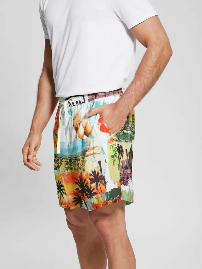Men Watercolor Sandwashed Woven Shorts Still Life Pants and Shorts GUESS Men Watercolor Sandwashed Woven Shorts Still Life Pants and Shorts GUESS