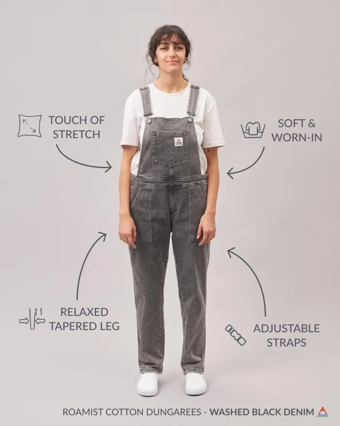 Passenger Bottoms Roamist Organic Cotton Dungarees Washed Black Denim Washed Black Denim 8211 Women