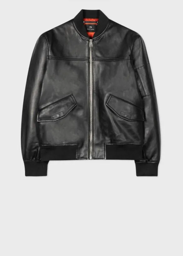 Paul Smith Coats and Jackets Leather Bomber Jacket Black 8211 Mens
