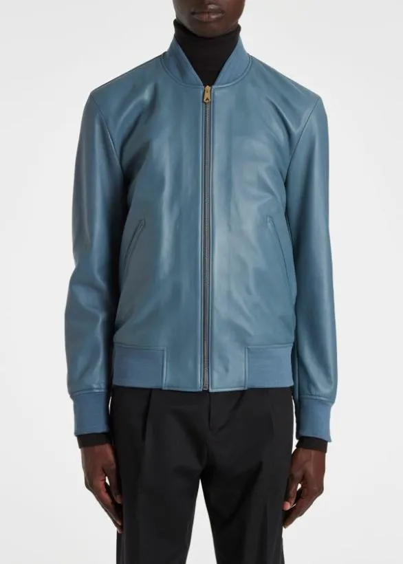 Paul Smith Coats and Jackets Leather Bomber Jacket Light Blue 8211 Mens