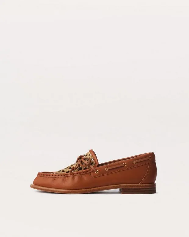 rag and bone Boots Women Carter WovenTrimmed Leather Boat Shoes Light Natural Woven