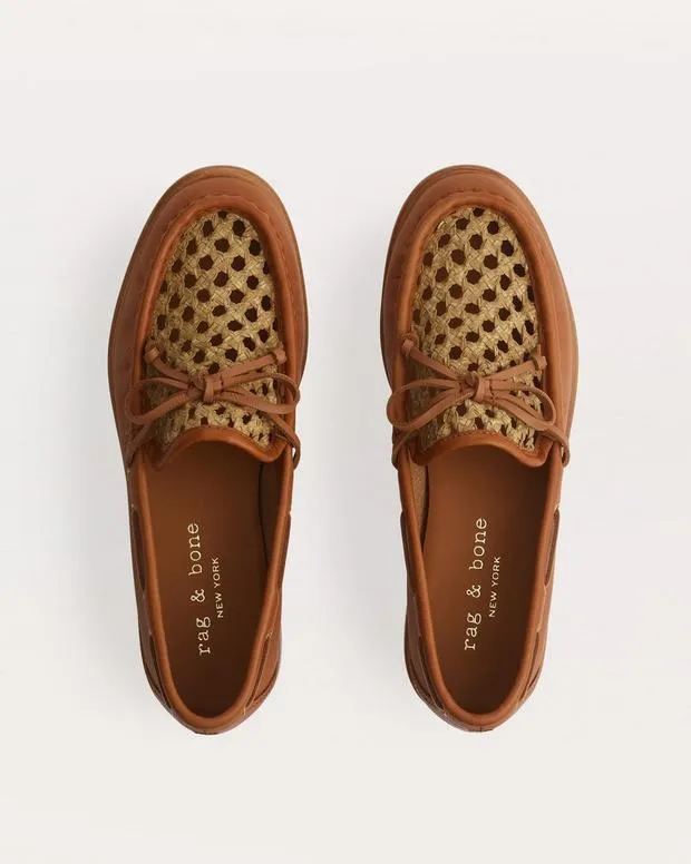 rag and bone Boots Women Carter WovenTrimmed Leather Boat Shoes Light Natural Woven