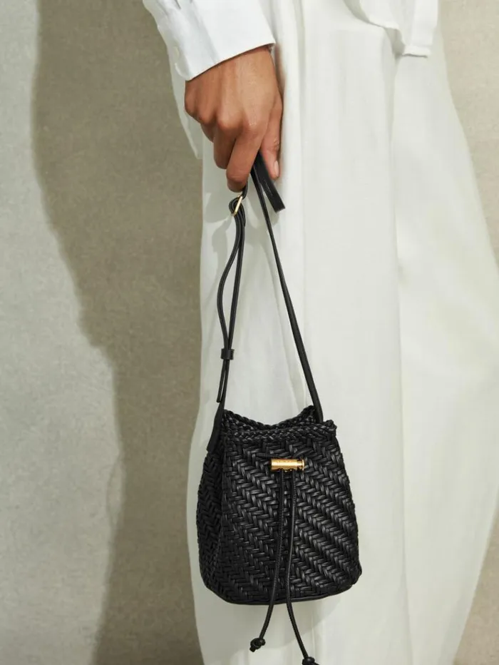 REISS Bags and Purses Women Woven Leather Bucket Bag Black