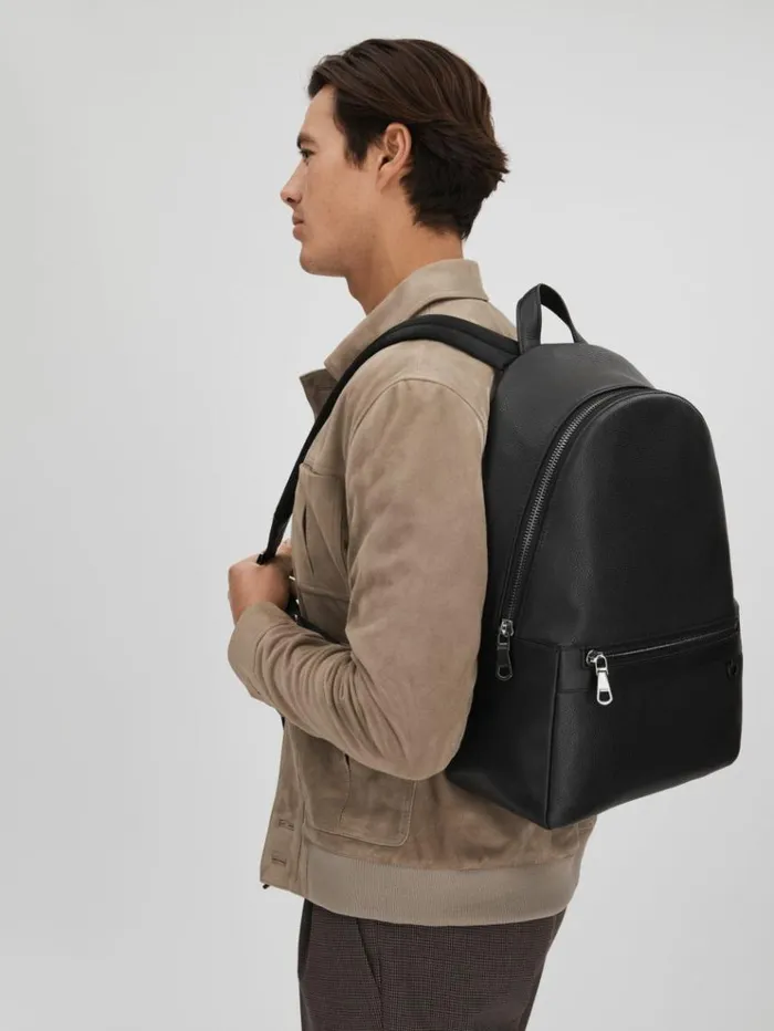 REISS Bags Men Leather Zipped Backpack Black